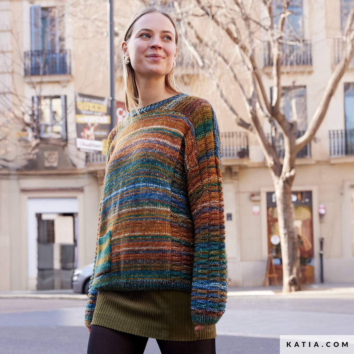 Katia Cotton-Merino Paradiso 305 Kauwgom Roze-Paars-Water Blauw - Patroon breien haken dames trui herfst winter katia — gemaakt met Katia Cotton-Merino Paradiso (16)
