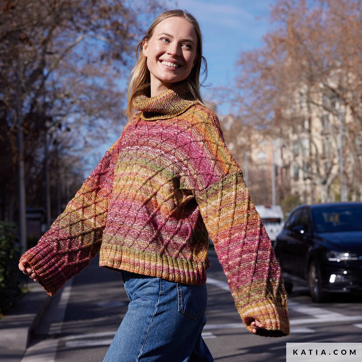 Katia Cotton-Merino Paradiso 305 Kauwgom Roze-Paars-Water Blauw - Patroon breien haken dames trui herfst winter katia — gemaakt met Katia Cotton-Merino Paradiso