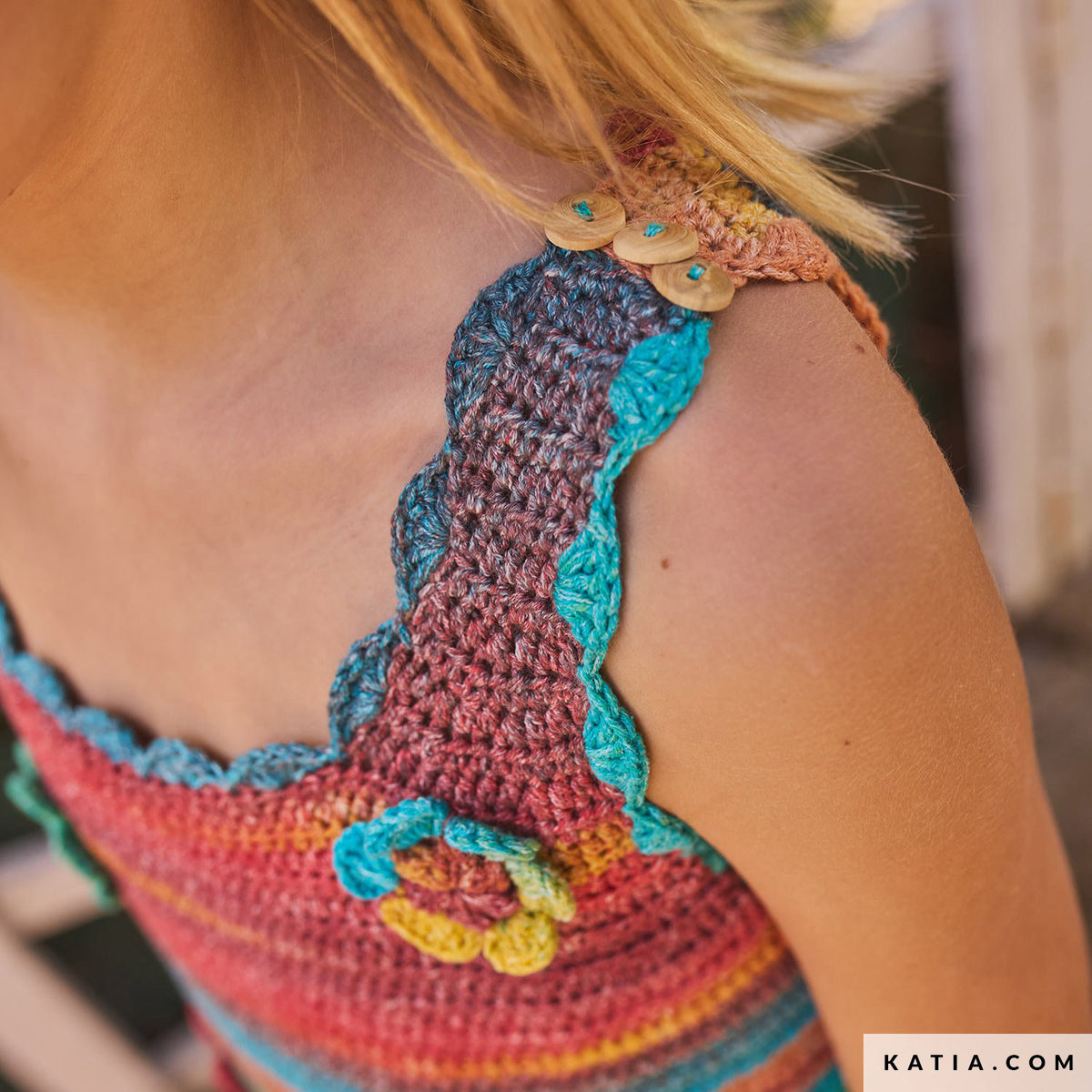 Katia Fair Cotton Stretch 100 Blauw-Groen-Geel - Patroon breien haken kinderen diadeem lente zomer katia — gemaakt met Katia Fair Cotton Stretch (2)