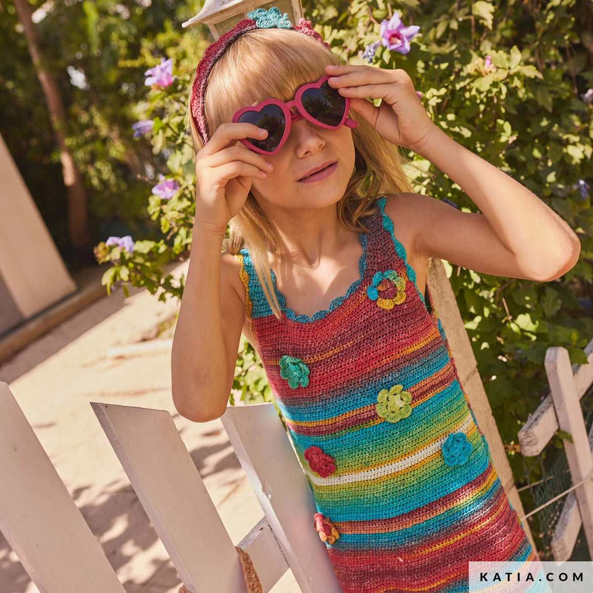 Katia Fair Cotton Stretch 105 Paars-Groen-Oranje - Patroon breien haken kinderen diadeem lente zomer katia — gemaakt met Katia Fair Cotton Stretch