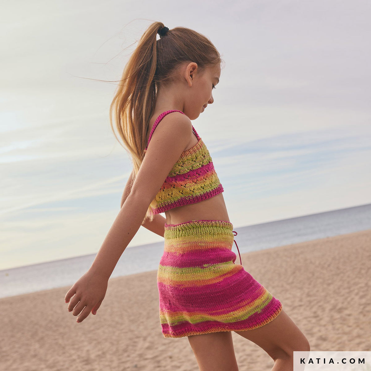 Katia Menfis Color 127 Groen-Lila-Oranje-Geel - Patroon breien haken kinderen topje lente zomer katia — gemaakt met Katia Menfis Color (2)