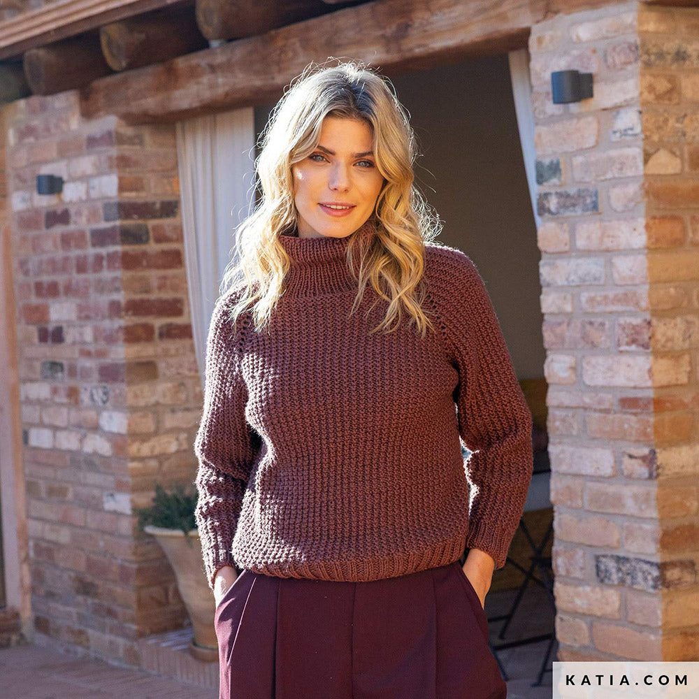 Katia Merino Aran 105 Magenta - Patroon breien haken dames trui herfst winter katia — gemaakt met Katia Merino Aran (7)