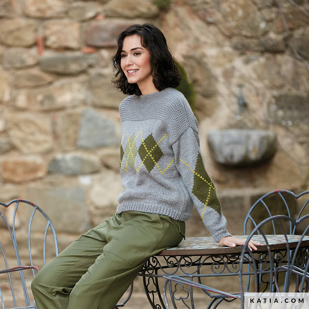 Katia Merino Aran 109 Groen Gras - Patroon breien haken dames trui herfst winter katia — gemaakt met Katia Merino Aran