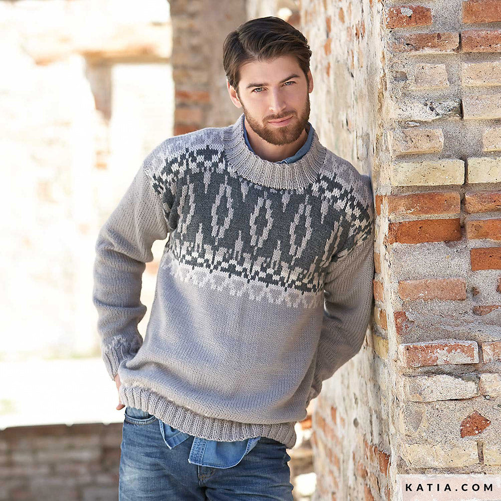 Katia Merino Aran 110 Rood Bruin - Patroon breien haken heren trui herfst winter katia — gemaakt met Katia Merino Aran