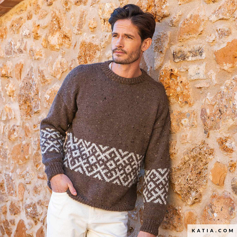 Katia Merino Tweed 318 Mosterd - Patroon breien haken heren trui herfst winter katia — gemaakt met Katia Merino Tweed