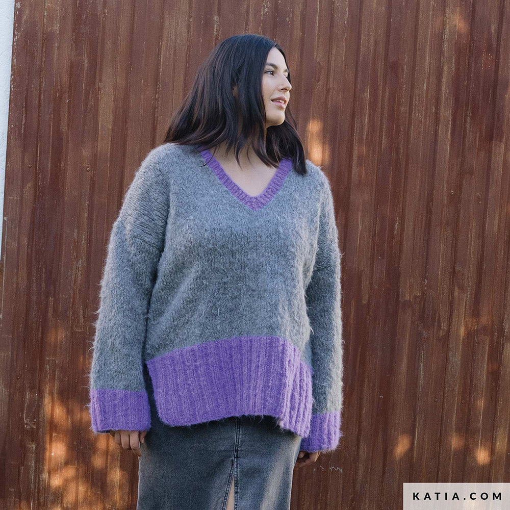 Katia WOW - Fluffy 082 Donker grijs - Patroon breien haken dames trui herfst winter katia — gemaakt met Katia WOW - Fluffy