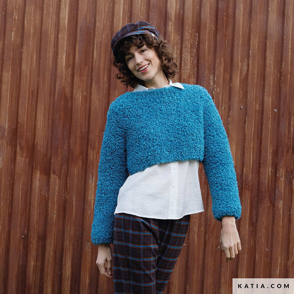 Katia WOW - Loopy 159 Framboos rood - Patroon breien haken dames trui herfst winter katia — gemaakt met Katia WOW - Loopy