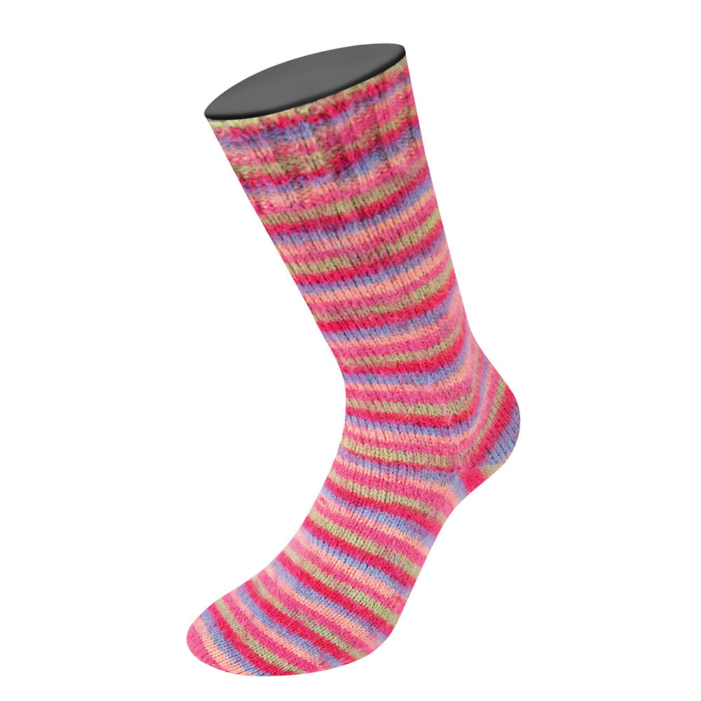 Meilenweit cosy socks multi stripes lana grossa — gemaakt met Lana Grossa Cosy Socks Multi Stripes (2) - Lana Grossa Cosy Socks Multi Stripes 152 Tulpenrood/Violetblauw/Zalmroze/Pink/Lichtgroen