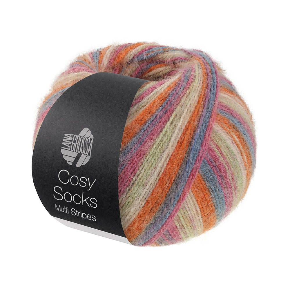 Lana Grossa Cosy Socks Multi Stripes 154 Donkergrijs/Grijsblauw/Fuchsia/Lichtgroen/Crème/Oranje