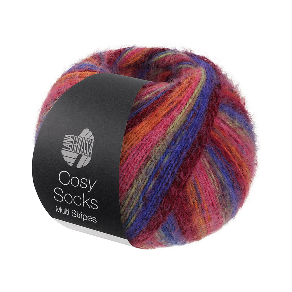 Lana Grossa Cosy Socks Multi Stripes 156 Blauwviolet/Wijnrood/Pompoen/Pink/Grijsgroen