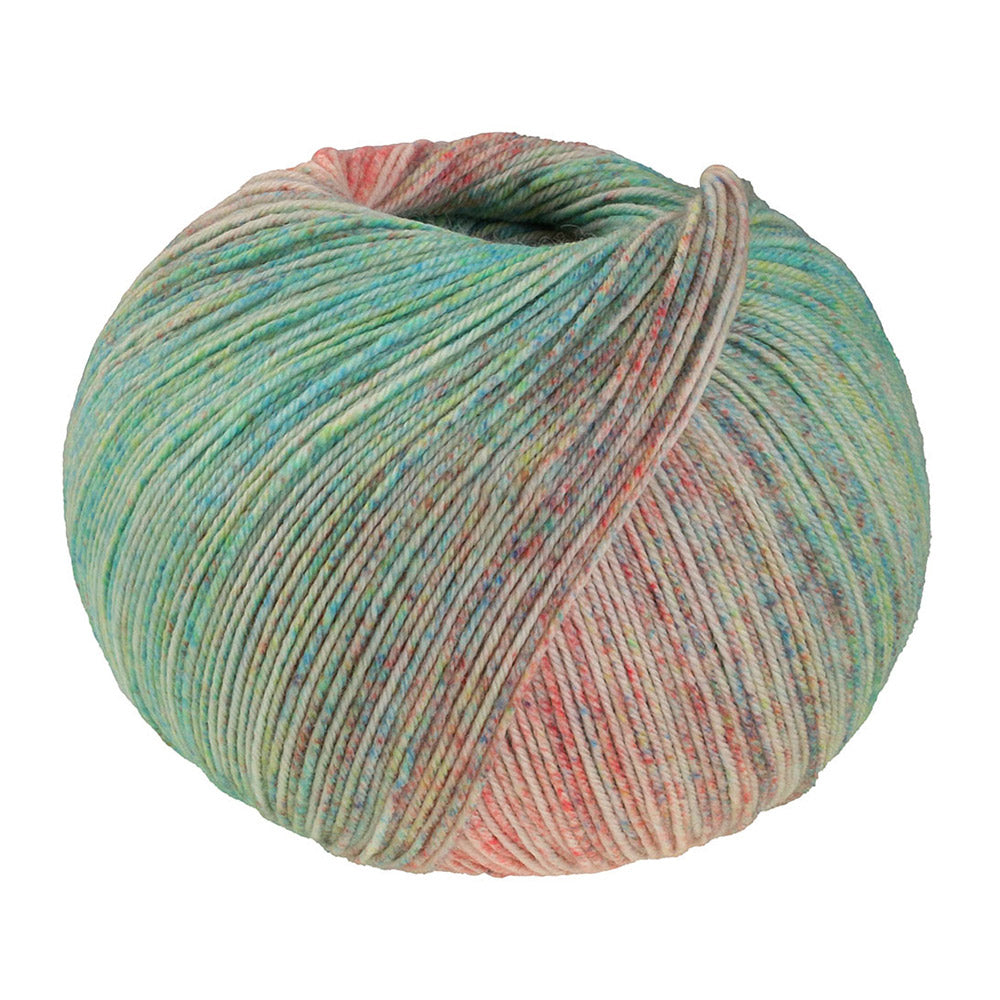 Lana Grossa Meilenweit 100 Merino Extrafine Shades 7229 bol sokkengaren in zalmrood, crème, turquoise en geelgroen - Lana Grossa Meilenweit 100 Merino Extrafine Shades 7229 Zalmrood/Crème/Turquoise/Geelgroen