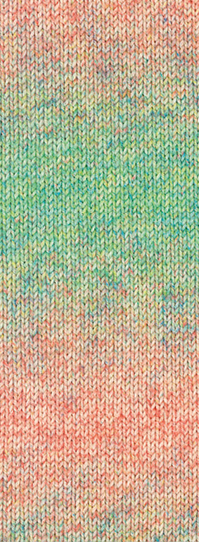 Kleurstaal van Lana Grossa Meilenweit 100 Merino Extrafine Shades 7229 in zalmrood, crème, turquoise en geelgroen - Lana Grossa Meilenweit 100 Merino Extrafine Shades 7229 Zalmrood/Crème/Turquoise/Geelgroen