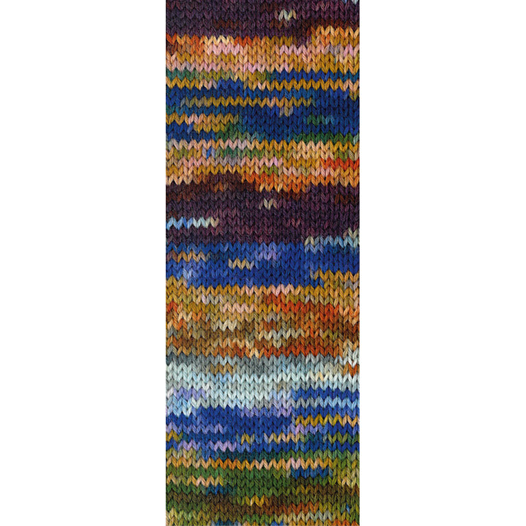 Gebreide proeflap van Lana Grossa Meilenweit 100 Cascata 5201 met zichtbaar kleurverloop in Goud- / Donkerbruin / Mokka / Koningsblauw / Lila / Roze / Roest / Donkergroen / Licht- / Muisgrijs - Lana Grossa Meilenweit 100 Cascata 5201 Goud-/Donkerbruin/Mokka/Koningsblauw/Lila/Roze/Roest/Donkergroen/Licht-/Muisgrijs