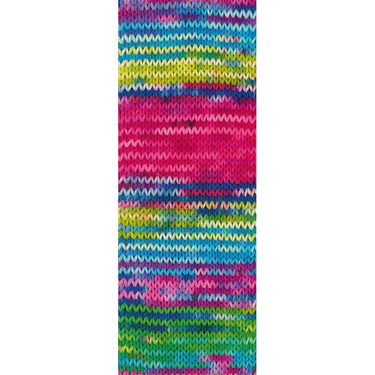 Gebreide proeflap van Lana Grossa Meilenweit 100 Cascata 5202 met zichtbaar kleurverloop in Turquoise / Mint / Limoen / Donkerblauw / Fuchsia / Roze / Groen / Citroengeel - Lana Grossa Meilenweit 100 Cascata 5202 Turquoise/Mint/Limoen/Donkerblauw/Fuchsia/Roze/Groen/Citroengeel