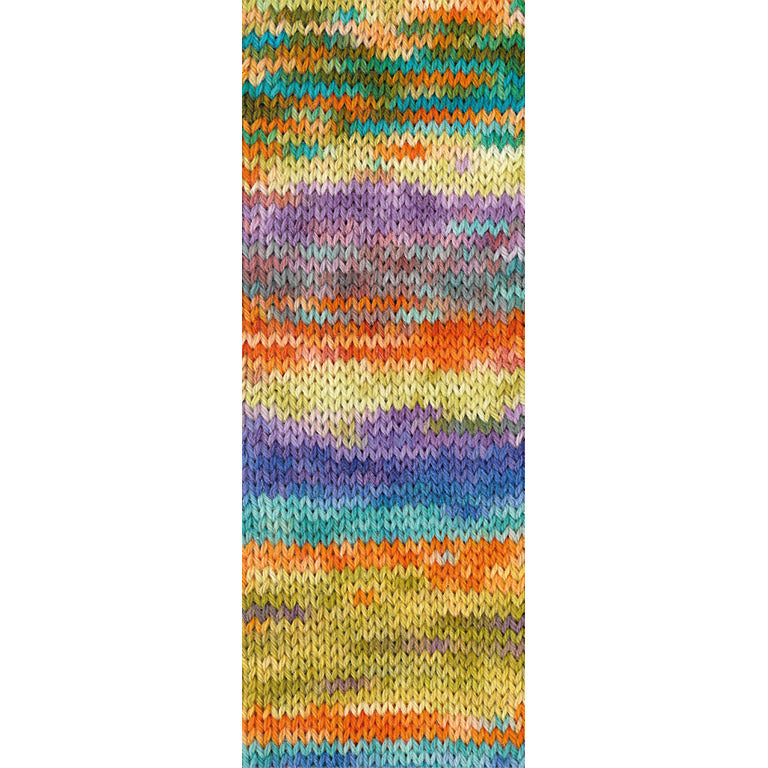 Gebreide proeflap van Lana Grossa Meilenweit 100 Cascata 5203 met zichtbaar kleurverloop in Pruim / Linde- / Zachtgroen / Roest / Olijf / Turquoise / Mint / Violet / Blauw - Lana Grossa Meilenweit 100 Cascata 5203 Pruim/Linde-/Zachtgroen/Roest/Olijf/Turquoise/Mint/Violet/Blauw