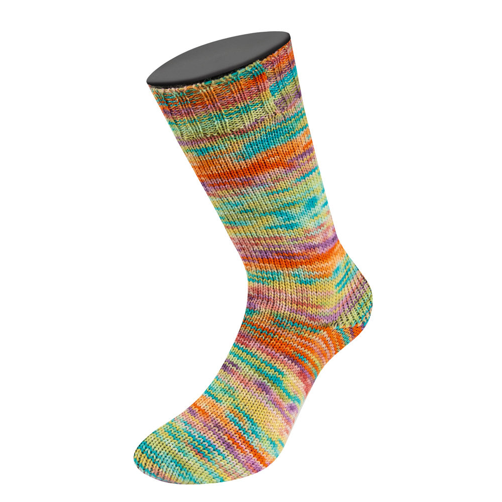 Gebreide sok van Lana Grossa Meilenweit 100 Cascata 5203 met zelfstrepende kleuren Pruim / Linde- / Zachtgroen / Roest / Olijf / Turquoise / Mint / Violet / Blauw - Lana Grossa Meilenweit 100 Cascata 5203 Pruim/Linde-/Zachtgroen/Roest/Olijf/Turquoise/Mint/Violet/Blauw