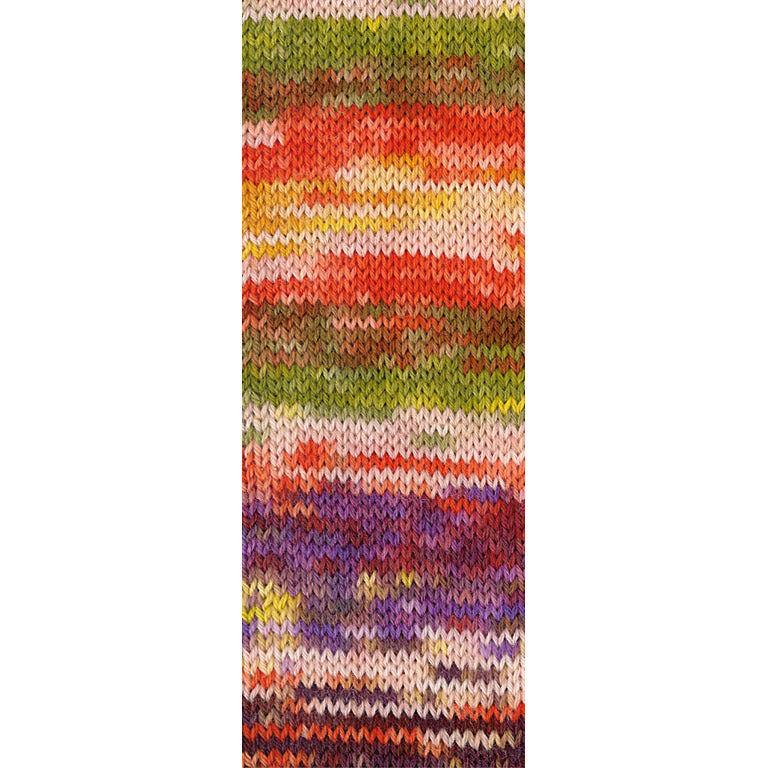 Gebreide proeflap van Lana Grossa Meilenweit 100 Cascata 5204 met zichtbaar kleurverloop in Rood / Roze / Violet / Licht- / Donkerolijf / Geel / Oranje / Donkerrood / Mokka - Lana Grossa Meilenweit 100 Cascata 5204 Rood/Roze/Violet/Licht-/Donkerolijf/Geel/Oranje/Donkerrood/Mokka