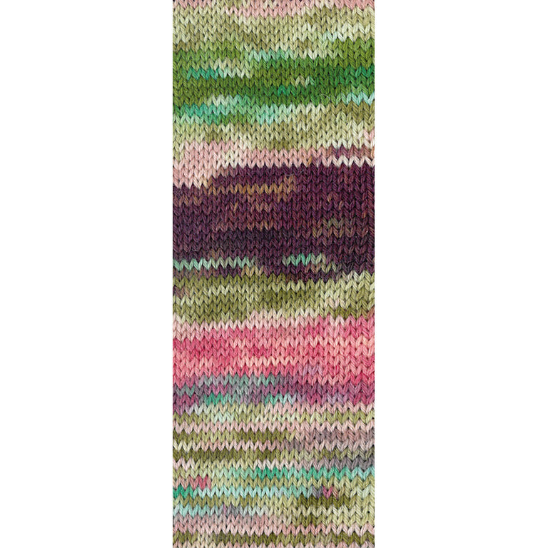 Gebreide proeflap van Lana Grossa Meilenweit 100 Cascata 5205 met zichtbaar kleurverloop in Mokka / Donker- / Grijsbruin / Roze / Zacht- / Linde- / Grijsgroen / Jade / Roze / Turquoise - Lana Grossa Meilenweit 100 Cascata 5205 Mokka/Donker-/Grijsbruin/Roze/Zacht-/Linde-/Grijsgroen/Jade/Roze/Turquoise