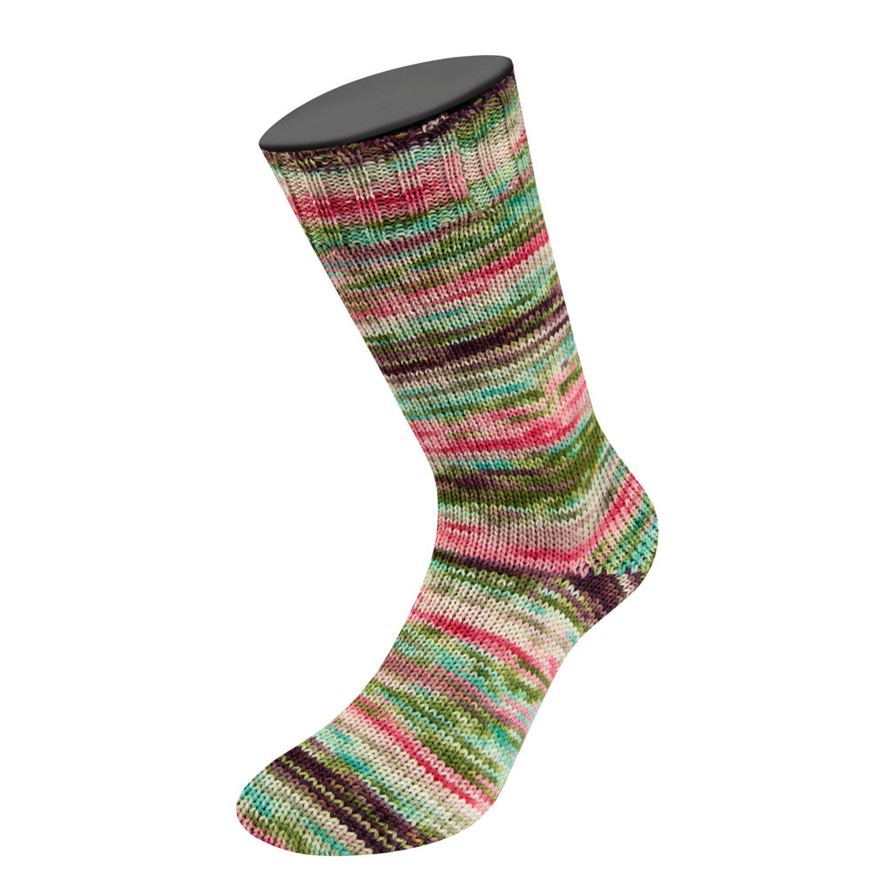 Gebreide sok van Lana Grossa Meilenweit 100 Cascata 5205 met zelfstrepende kleuren Mokka / Donker- / Grijsbruin / Roze / Zacht- / Linde- / Grijsgroen / Jade / Roze / Turquoise - Lana Grossa Meilenweit 100 Cascata 5205 Mokka/Donker-/Grijsbruin/Roze/Zacht-/Linde-/Grijsgroen/Jade/Roze/Turquoise