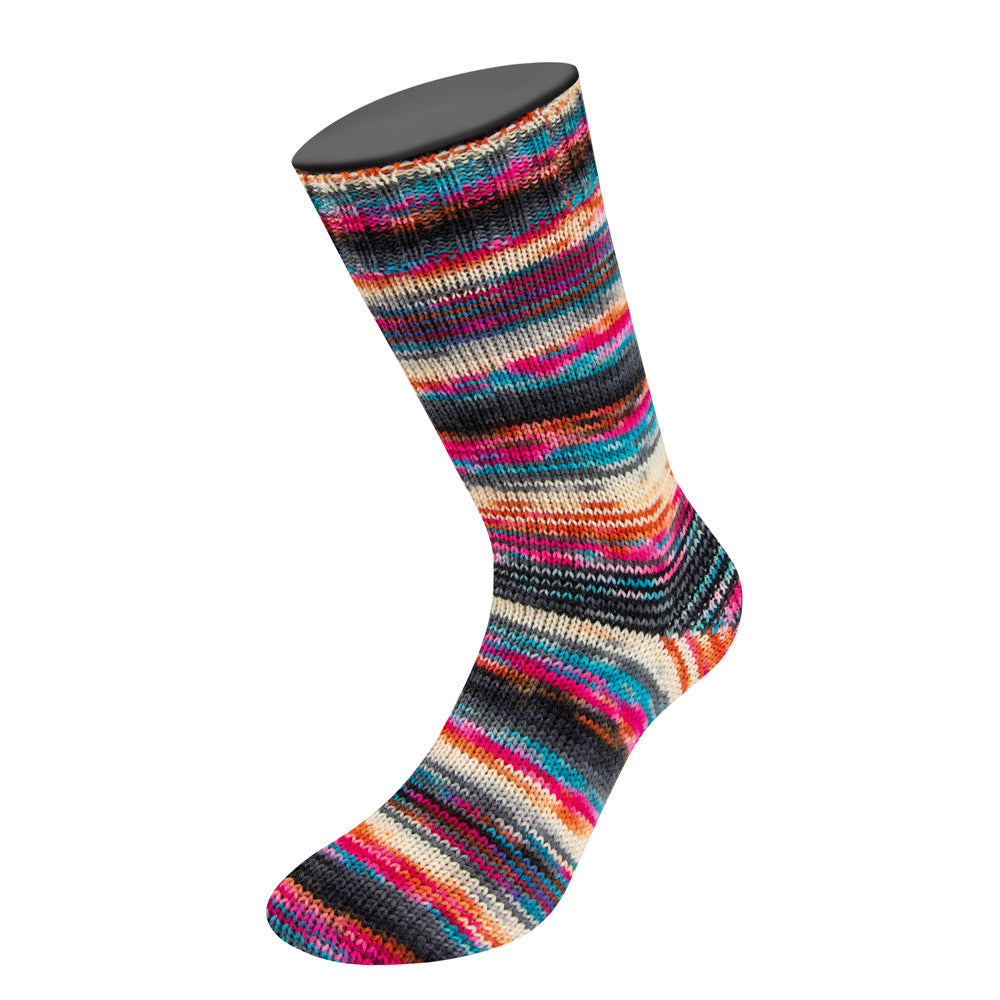 Gebreide sok van Lana Grossa Meilenweit 100 Cascata 5206 met zelfstrepende kleuren Zwart / Grijs / Licht- / Zilvergrijs / Oker / Bruin / Rood / Roze - Lana Grossa Meilenweit 100 Cascata 5206 Zwart/Grijs/Licht-/Zilvergrijs/Oker/Bruin/Rood/Roze