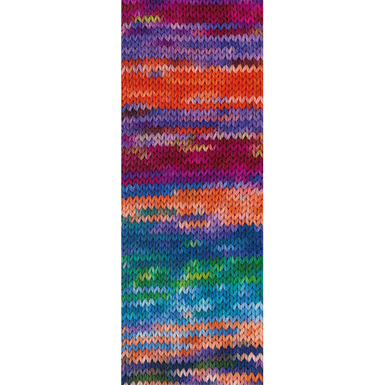 Gebreide proeflap van Lana Grossa Meilenweit 100 Cascata 5207 met zichtbaar kleurverloop in Donkerblauw / Licht- / Roestrood / Lichtblauw / Wijnrood / Fuchsia / Lila / Marine / Jade / Donkergroen / Pistache - Lana Grossa Meilenweit 100 Cascata 5207 Donkerblauw/Licht-/Roestrood/Lichtblauw/Wijnrood/Fuchsia/Lila/Marine/Jade/Donkergroen/Pistache