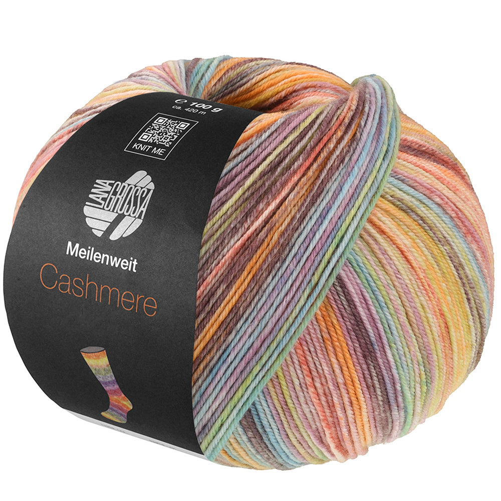 Lana Grossa Meilenweit 100 Cashmere Inverno 121 bol sokkengaren in lila, lichtblauw, geel, oranje, limoen, oudroze, rood, camel, taupe en turquoise - Lana Grossa Meilenweit 100 Cashmere Inverno 121 Lila/Lichtblauw/Geel/Oranje/Limoen/Oudroze/Rood/Camel/Taupe/Turquoise