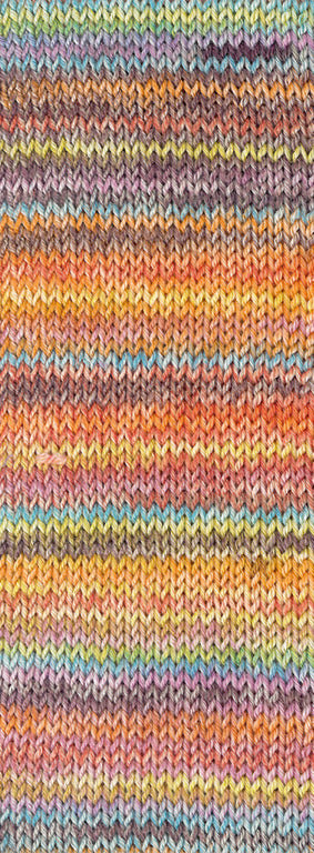 Gebreid proeflapje van Lana Grossa Meilenweit 100 Cashmere Inverno 121 in lila, lichtblauw, geel, oranje, limoen, oudroze, rood, camel, taupe en turquoise - Lana Grossa Meilenweit 100 Cashmere Inverno 121 Lila/Lichtblauw/Geel/Oranje/Limoen/Oudroze/Rood/Camel/Taupe/Turquoise