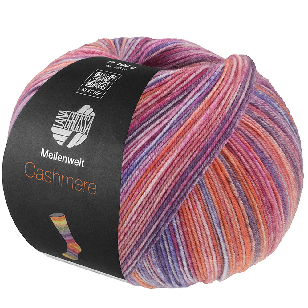Lana Grossa Meilenweit 100 Cashmere Inverno 122 bol sokkengaren in fuchsia, lila, oranje, lichtblauw, blauw, pruim, erika en zalm - Lana Grossa Meilenweit 100 Cashmere Inverno 122 Fuchsia/Lila/Oranje/Lichtblauw/Blauw/Pruim/Erika/Zalm