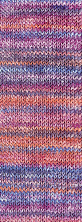 Gebreid proeflapje van Lana Grossa Meilenweit 100 Cashmere Inverno 122 in fuchsia, lila, oranje, lichtblauw, blauw, pruim, erika en zalm - Lana Grossa Meilenweit 100 Cashmere Inverno 122 Fuchsia/Lila/Oranje/Lichtblauw/Blauw/Pruim/Erika/Zalm