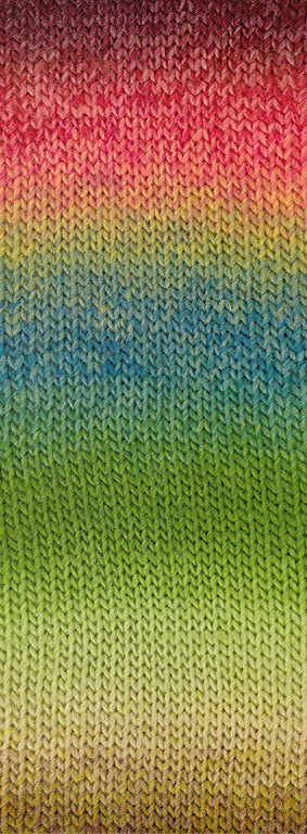 Close-up van het breipatroon van een sok in Lana Grossa Meilenweit 100 Color Mix Sparks 7611 met Braam/Rood/Lichtrood/Pistache/Petrol/Groen/Limoen/Pastelgroen/Beige - Lana Grossa Meilenweit 100 Color Mix Sparks 7611 Braam/Rood/Lichtrood/Pistache/Petrol/Groen/Limoen/Pastelgroen/Beige