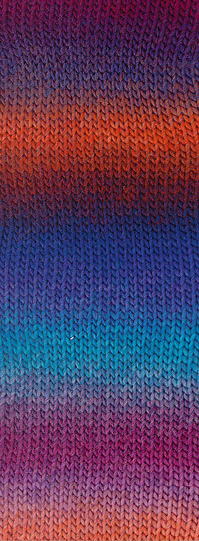 Close-up van het breipatroon van een sok in Lana Grossa Meilenweit 100 Color Mix Sparks 7616 met Zalmrood/Donkerblauw/Koningsblauw/Turquoise/Roodviolet/Fuchsia - Lana Grossa Meilenweit 100 Color Mix Sparks 7616 Zalmrood/Donkerblauw/Koningsblauw/Turquoise/Roodviolet/Fuchsia
