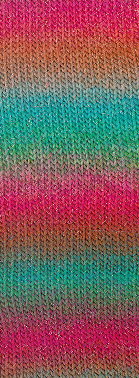 Close-up van het breipatroon van een sok in Lana Grossa Meilenweit 100 Color Mix Sparks 7618 met Framboos/Roest/Grijsgroen/Turquoise/Jade/Fuchsia - Lana Grossa Meilenweit 100 Color Mix Sparks 7618 Framboos/Roest/Grijsgroen/Turquoise/Jade/Fuchsia