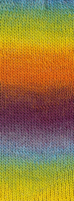 Close-up van het breipatroon van een sok in Lana Grossa Meilenweit 100 Color Mix Sparks 7621 met Petrol/Lentegroen/Pistache/Mosterdgeel/Oranje/Bruin/Aubergine/Grijslila - Lana Grossa Meilenweit 100 Color Mix Sparks 7621 Petrol/Lentegroen/Pistache/Mosterdgeel/Oranje/Bruin/Aubergine/Grijslila