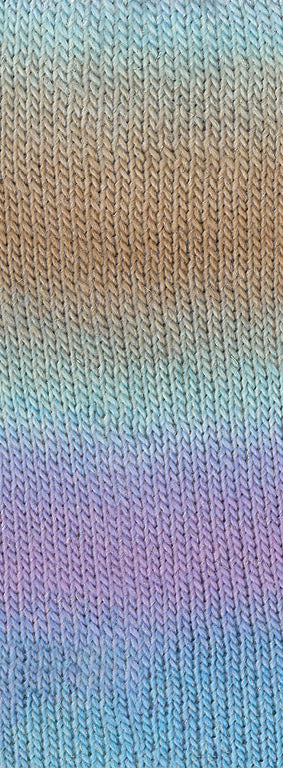 Close-up van het breipatroon van een sok in Lana Grossa Meilenweit 100 Color Mix Sparks 7622 met Mint/Grijsbeige/Taupe/Lila/Flieder/Blauwturquoise - Lana Grossa Meilenweit 100 Color Mix Sparks 7622 Mint/Grijsbeige/Taupe/Lila/Flieder/Blauwturquoise