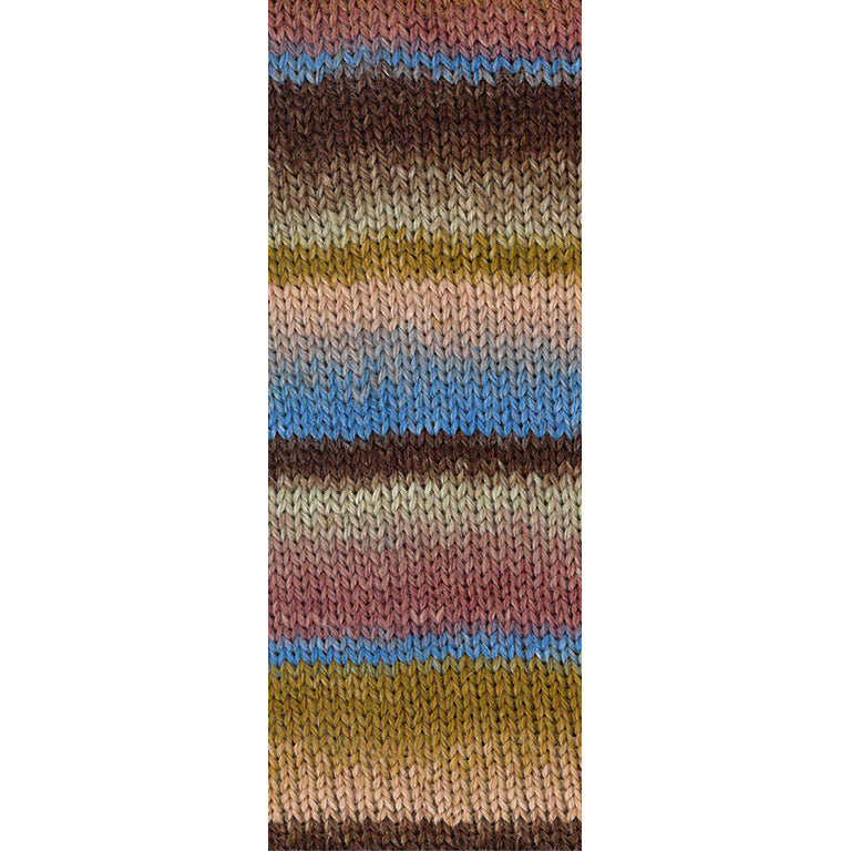 Detail van de steken en kleurwisselingen van Fontana 5452 in donkerbruin, blauw, mokka en meer - Lana Grossa Meilenweit 100 Fontana 5452 Donkerbruin/Blauw/Mokka/Grijsbruin/Taupe/Omber/Rozenhout/Grijsblauw