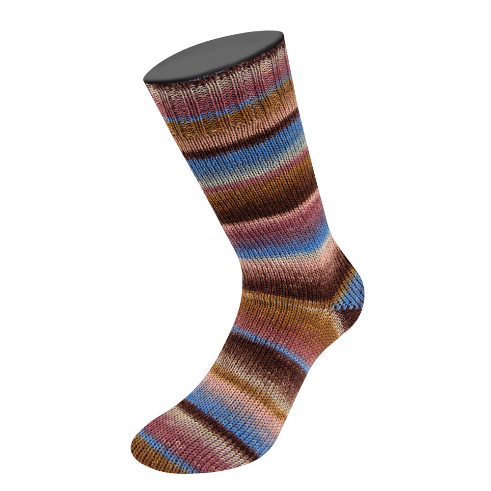 Gebreid kleurverloop van Meilenweit 100 Fontana 5452 in donkerbruin, blauw, mokka en meer - Lana Grossa Meilenweit 100 Fontana 5452 Donkerbruin/Blauw/Mokka/Grijsbruin/Taupe/Omber/Rozenhout/Grijsblauw