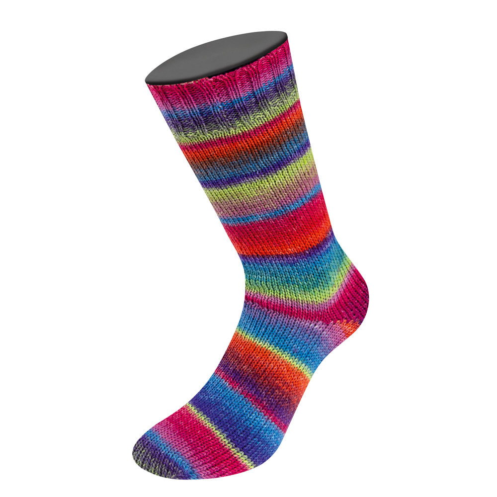 Gebreid kleurverloop van Meilenweit 100 Fontana 5453 in lentegroen, roestrood, blauwviolet en meer - Lana Grossa Meilenweit 100 Fontana 5453 Lentegroen/Roestrood/Blauwviolet/Cyclaam/Blauw/Koningsblauw/Fuchsia