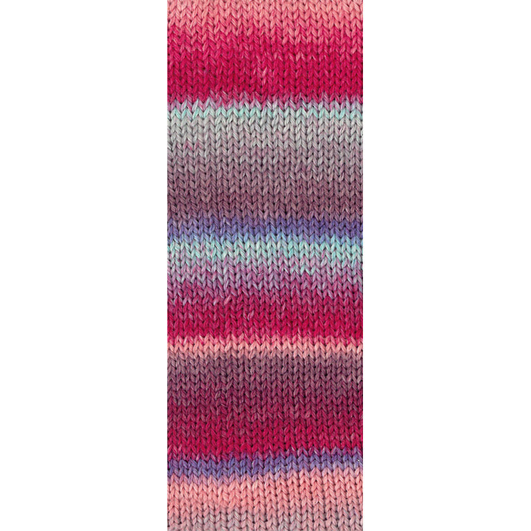 Detail van de steken en kleurwisselingen van Fontana 5454 in fuchsia, mint, grijsbruin en meer - Lana Grossa Meilenweit 100 Fontana 5454 Fuchsia/Mint/Grijsbruin/Lilablauw/Roze/Mauve
