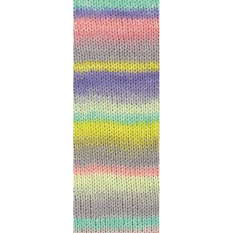 Detail van de steken en kleurwisselingen van Fontana 5455 in mintturquoise, lila, roze en meer - Lana Grossa Meilenweit 100 Fontana 5455 Mintturquoise/Lila/Roze/Grijs/Limoen/Lichtolijf/Zachtgroen