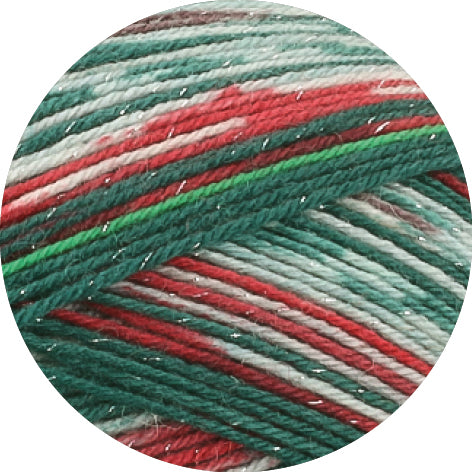 Lana Grossa Meilenweit 100 Merino Christmas Lurex 6804 Rood/Donkergroen/Lichtgroen/Wit/Donkerrood - detail van het meerkleurige garen