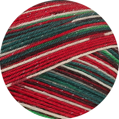 Lana Grossa Meilenweit 100 Merino Christmas Lurex 6811 Wit/Donkergroen/Donkerbruin/Oranje/Donkerrood/Lichtgroen - detail van het meerkleurige garen