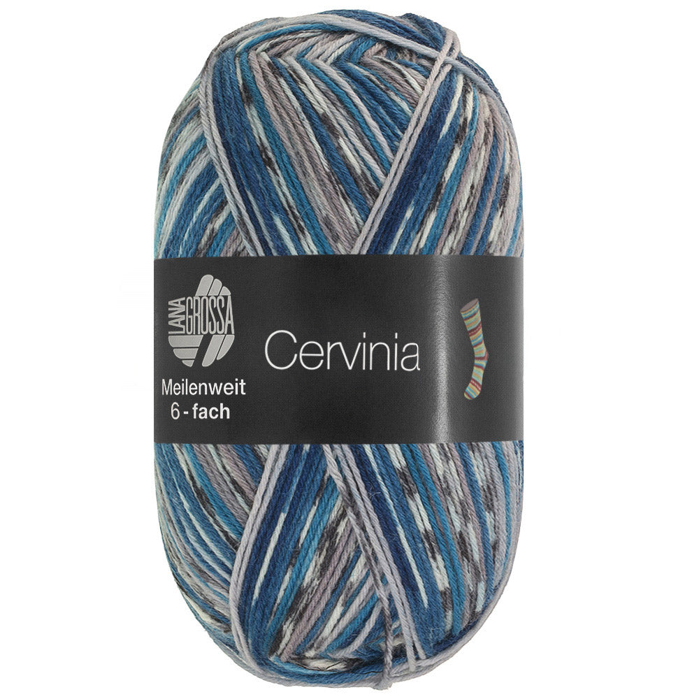 Rechtopstaande bol Lana Grossa Meilenweit 6-Fach 150 Cervinia 9756 Antraciet/Wit/Jeansblauw/Lichtgrijs/Azuurblauw