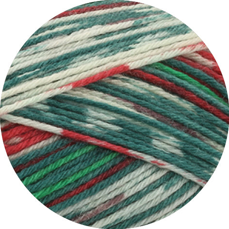 Lana Grossa Meilenweit 6-Fach 150 Merino Christmas 631 Rood/Donkergroen/Lichtgroen/Wit/Donkerrood - detail van het meerkleurige garen