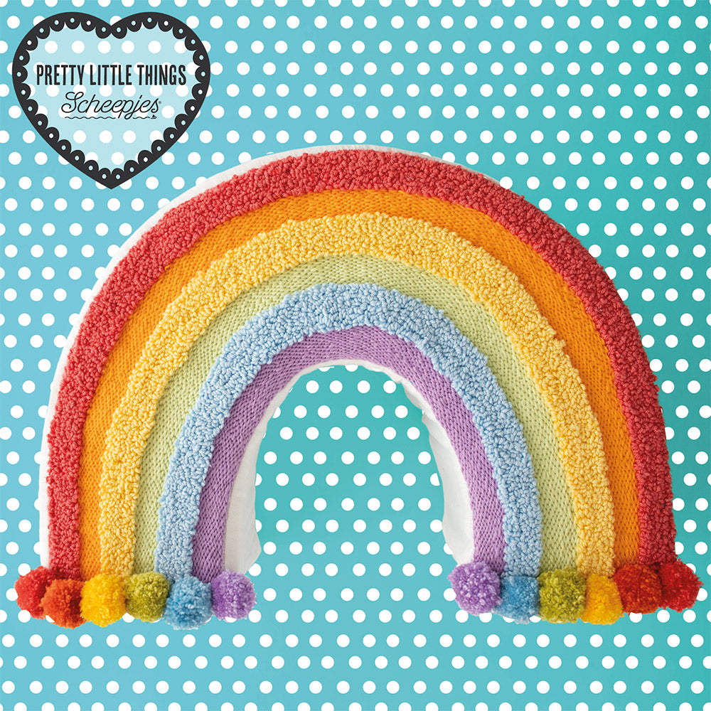 Rainpomcushion — gemaakt met Scheepjes Klein Maar Fijn Nr.06 Regenboog