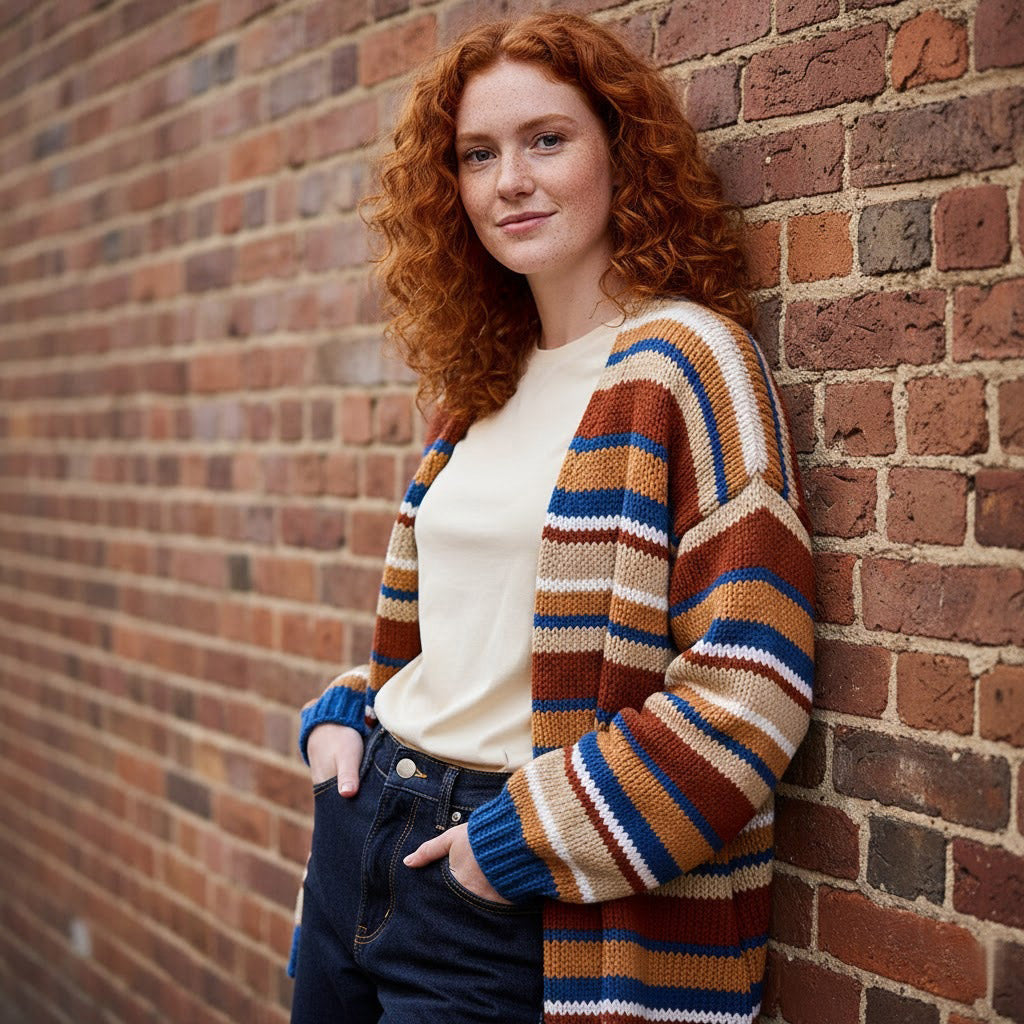 Oversized strepenvest in blauw, oranje, bruin en wit gedragen door model bij bakstenen muur